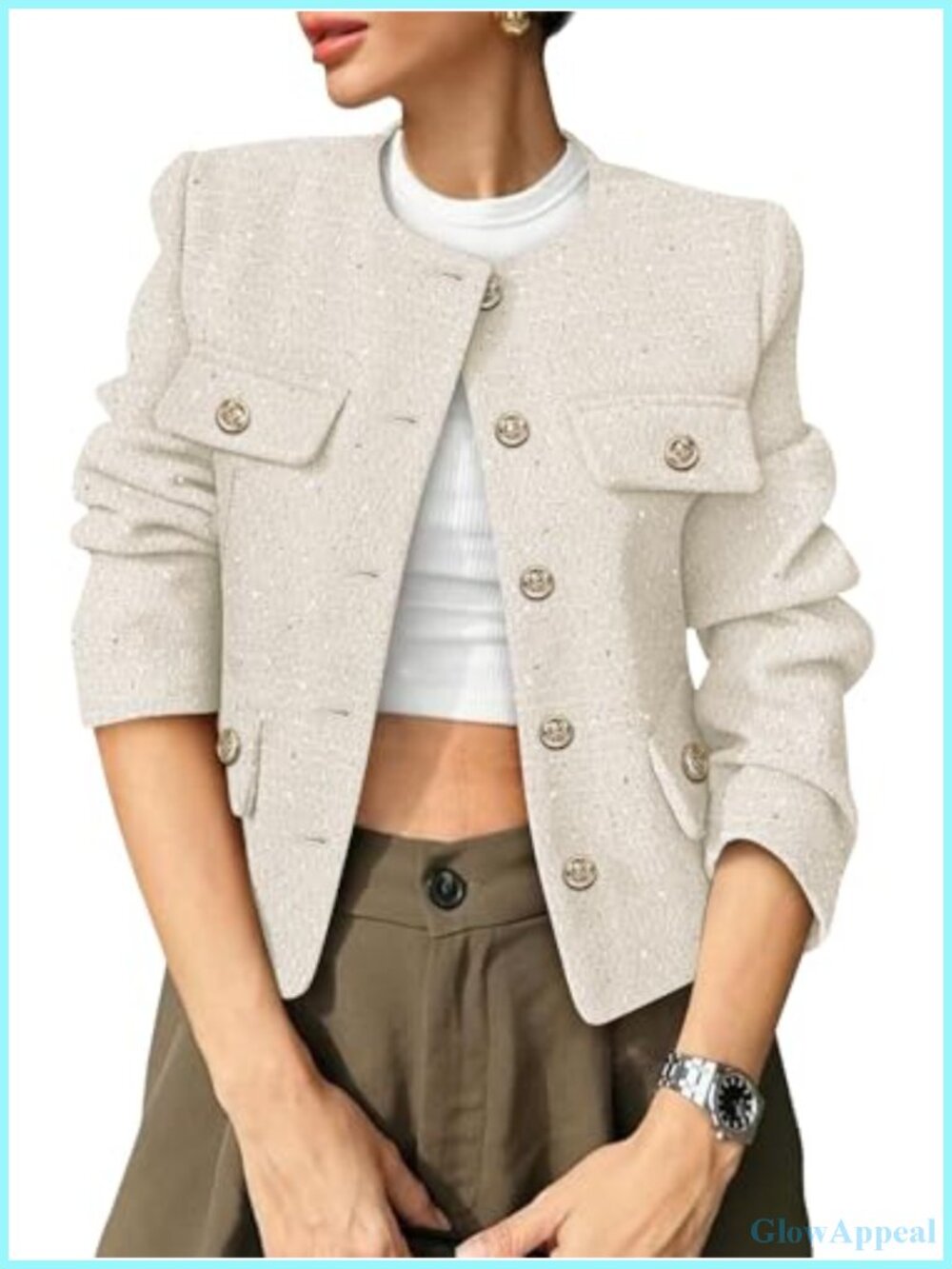 Tweed Blazer Women Cropped Collarless Button Down Business Casual Jacket